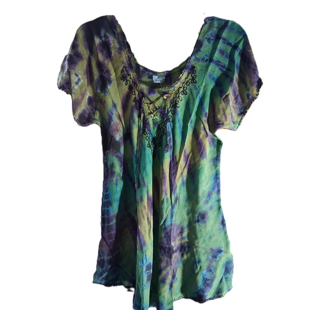 Weves Green Tie-Dye Short Sleeve Tunic Tie Front Top NWT